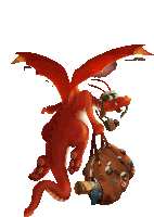 a red dragon is carrying a brown bag and a camera on its back