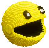 a yellow pac man made out of lego bricks with his mouth open