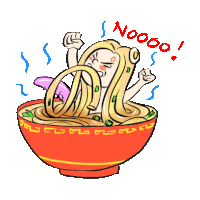 a cartoon drawing of a woman in a bowl of noodles with the words noooo written above her