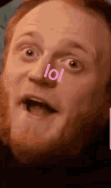 a man with a beard is making a funny face with the word lol written on his face .