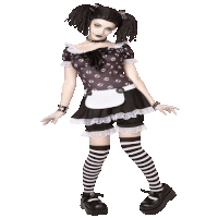 a girl in a black and white dress with a white apron and striped socks