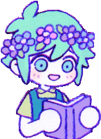 a drawing of a boy with flowers on his head reading a book