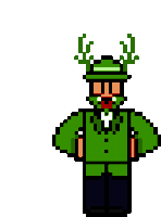 a pixel art drawing of a man wearing a green suit and hat with antlers .