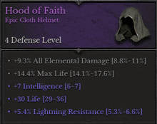 a hood of faith epic cloth helmet has 4 defense level