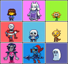 a bunch of pixel art characters on different colors