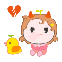 a cartoon of a girl with horns sitting next to a yellow rubber duck with a broken heart in the background