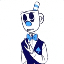 a drawing of a cuphead character wearing a blue vest and bow tie .