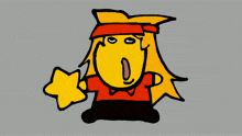 a yellow cartoon character with a red shirt and a yellow star