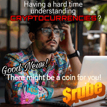 a man is sitting in front of a laptop with the words " having a hard time understanding cryptocurrencies " written above him