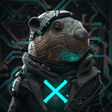 a rat wearing a helmet and headphones has a neon x on its chest