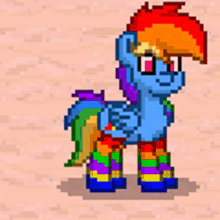 a pixel art drawing of a rainbow dash pony wearing rainbow socks .