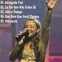 a woman singing into a microphone with the words " advocado fiel " on the bottom