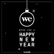 we work wish you a happy new year greeting card with a christmas ball hanging from a string .