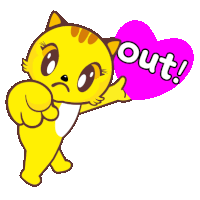 a cartoon cat holding a pink heart with the word out on it