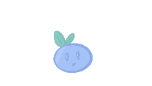 a cartoon drawing of a blueberry with a green leaf on top