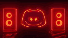 a neon discord logo is surrounded by speakers on a dark background .