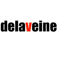 a black and red logo for delaveine with a red heart in the middle