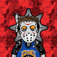 a cartoon character wearing a jason voorhees mask and a cleveland kings jersey