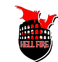 a logo for hell fire with a red dragon on top of a building