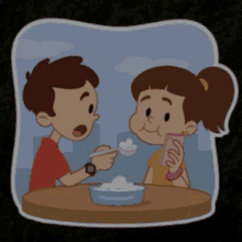 a boy and a girl are sitting at a table eating food