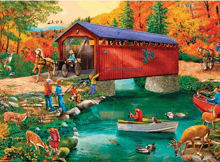 a painting of people fishing and riding horses under a bridge