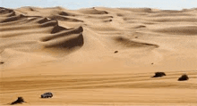 a desert with a lot of sand dunes and a car driving through it .