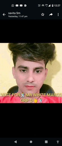 a picture of a young man with the words vote for mr white marco grp d on it