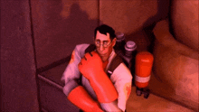 a man in a red glove is hugging another man in a white shirt .