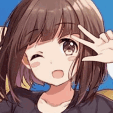 a close up of a anime girl giving a peace sign .