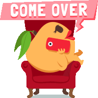 a cartoon character sitting in a chair with a sign that says " come over "