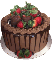 a chocolate cake with strawberries and blueberries on it