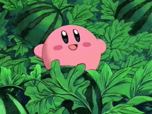 a pink cartoon character is surrounded by green leaves and a watermelon in the background