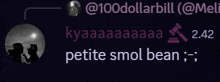 a purple background with a judge 's gavel and the words " petite smol bean "