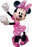 minnie mouse is wearing a pink dress with white polka dots and a bow