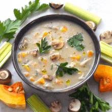 a bowl of soup is surrounded by celery mushrooms and squash