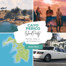 an advertisement for cayo perico island party shows a map of the island