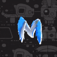 a drawing of a letter m with blue wings