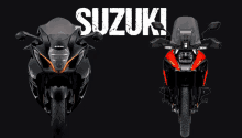 a black suzuki motorcycle is next to an orange suzuki motorcycle