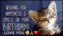 a birthday card with a kitten and the words wishing you happiness and smiles on your birthday i love you