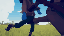 a screenshot of a video game shows a person running in a field with a belt with the letter e on it