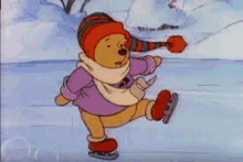 a cartoon of winnie the pooh ice skating on a pond .