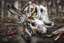 a paramedic is kneeling in front of an ambulance with wings and a person laying on the ground .