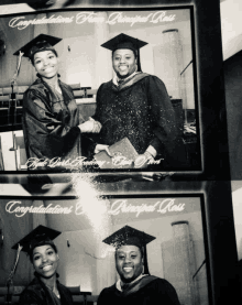 a black and white photo of a man and a woman in graduation caps and gowns congratulating principal rose