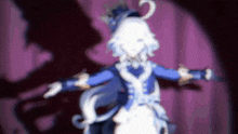 a blurred image of a person with white hair and a blue jacket