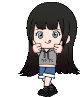 a cartoon girl wearing a hoodie that says nftx gives a thumbs up