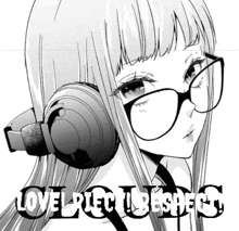 a black and white drawing of a girl wearing headphones and glasses with the words love strict respect written above her