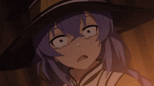 a close up of a girl with purple hair wearing a witch hat .