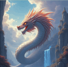 a painting of a dragon with a waterfall behind it