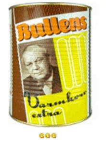 a can of bullens has a picture of an old man on it