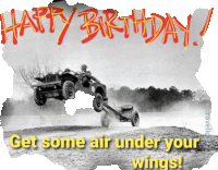 a black and white photo of a jeep being pulled by another jeep with the words happy birthday get some air under your wings